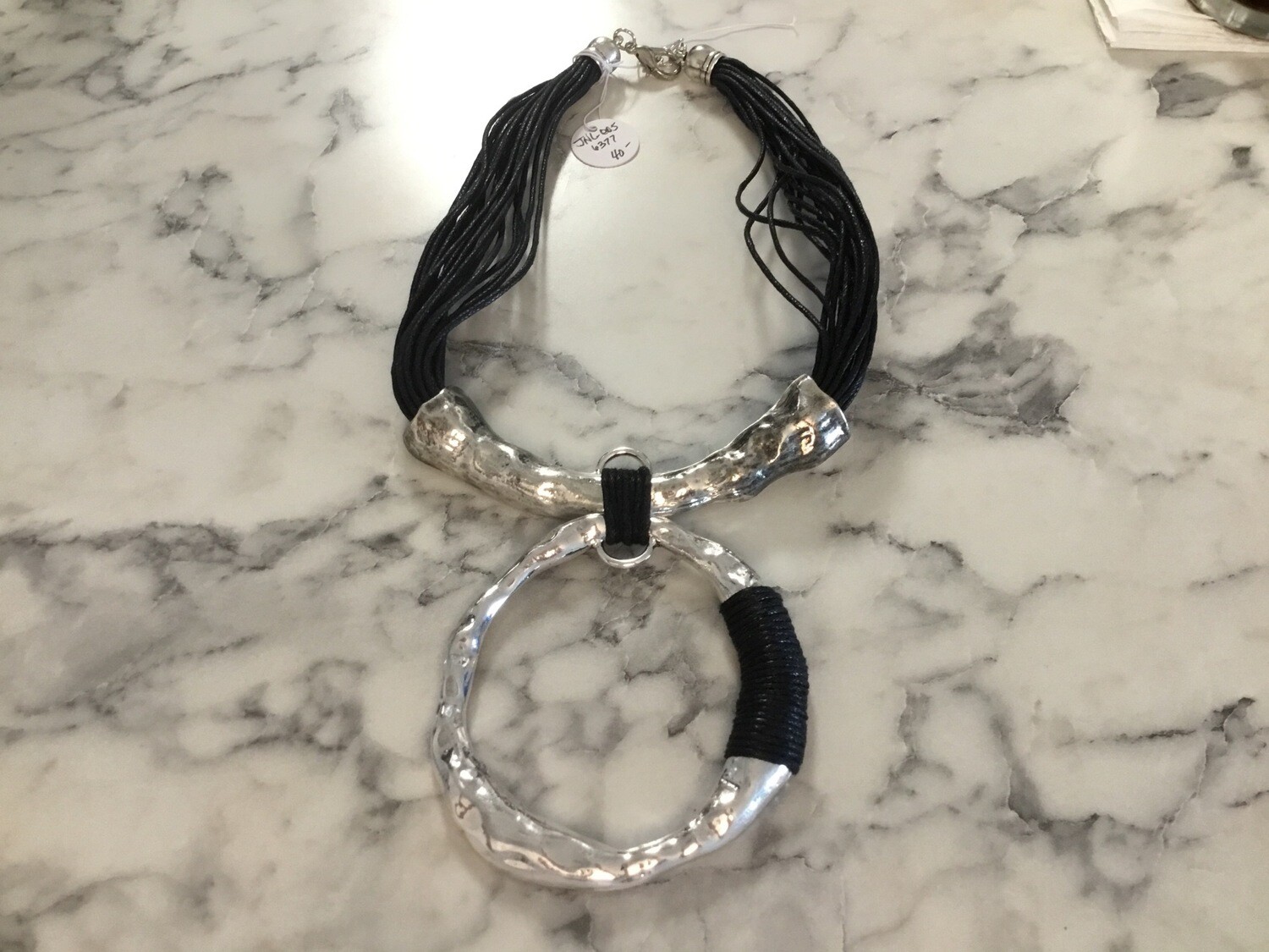 Black Leather Short Necklace With Antique Silver