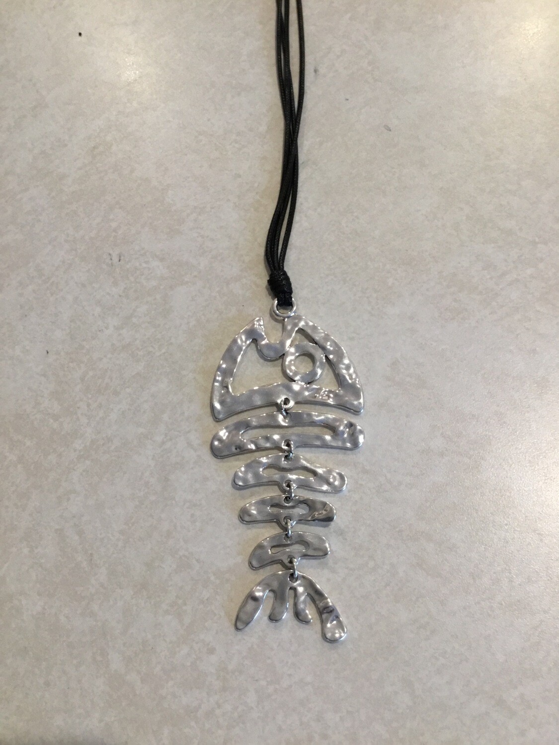 Long Black Leather Necklace With Fish