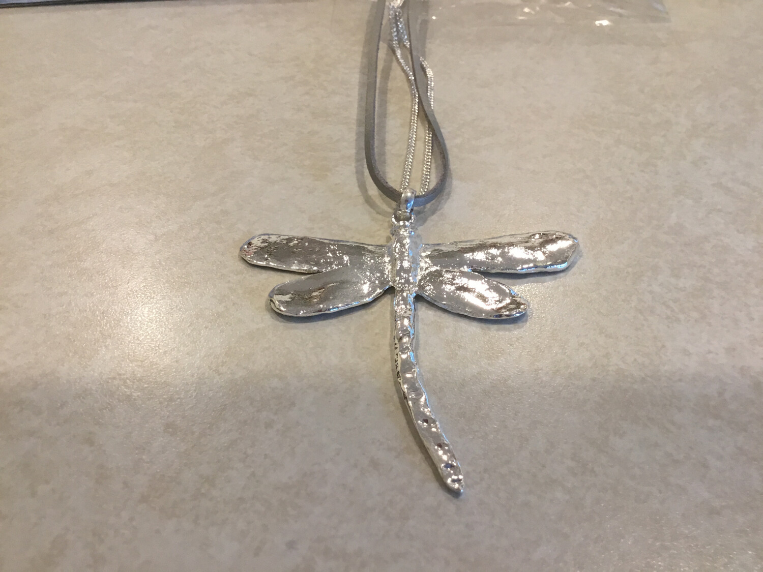 Long Gray And Silver Necklace With Dragonfly