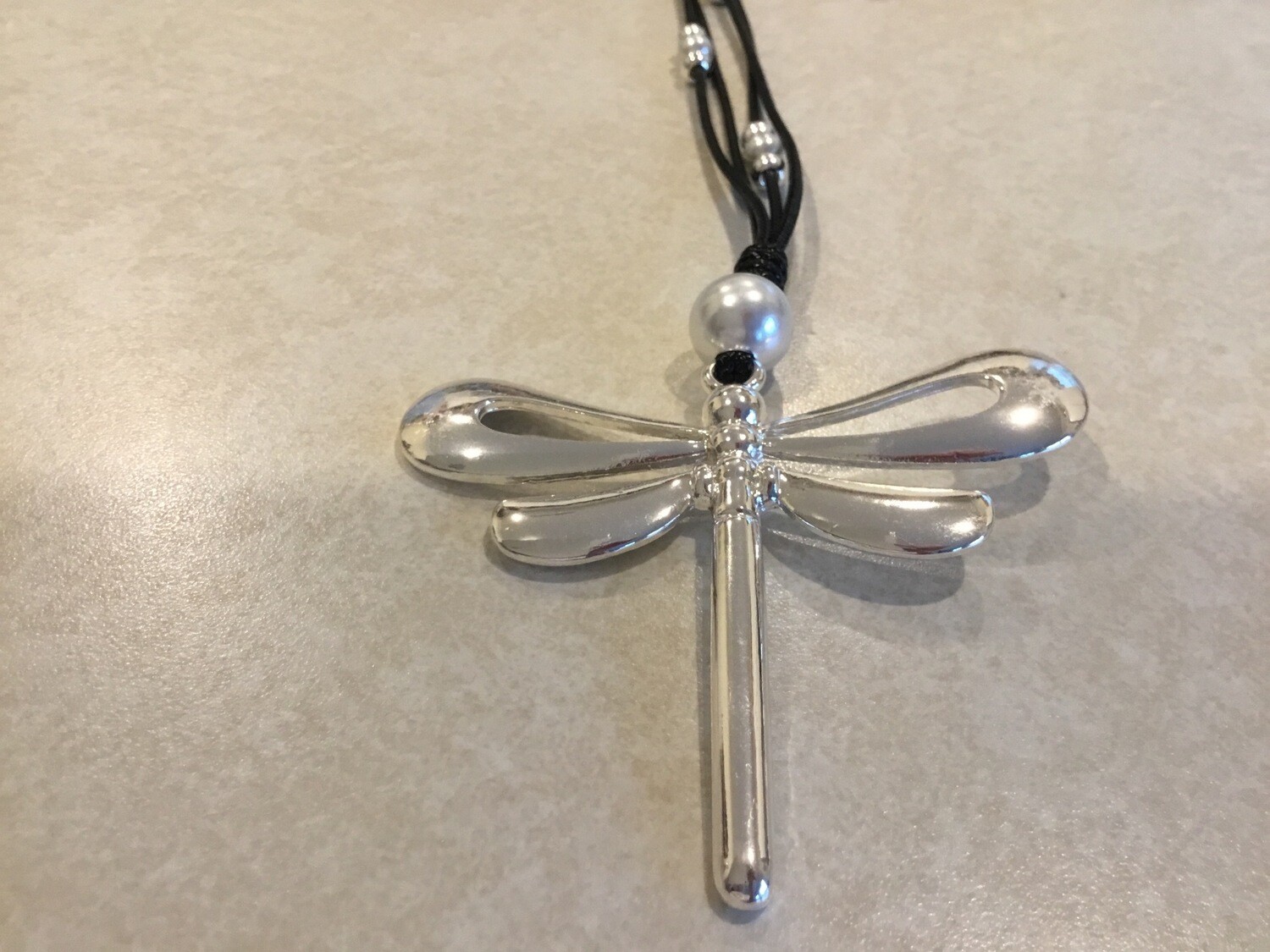 Long Black Leather With Silver Beads, Pearl And Shiny Dragonfly