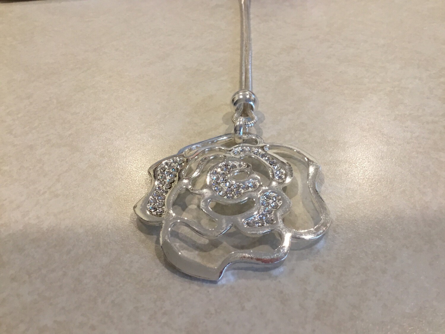 Long Silver Necklace With Open Rose With Crystals