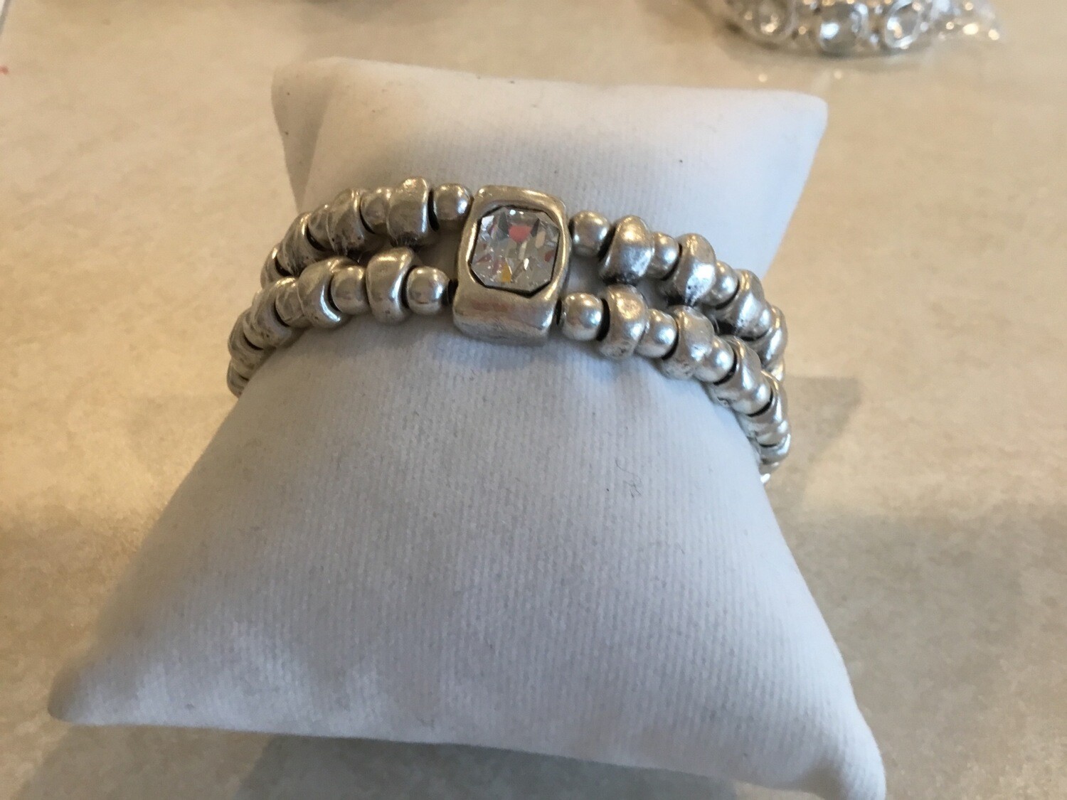 Handmade Pewter Stretch Bracelet With Square Clear Crystal