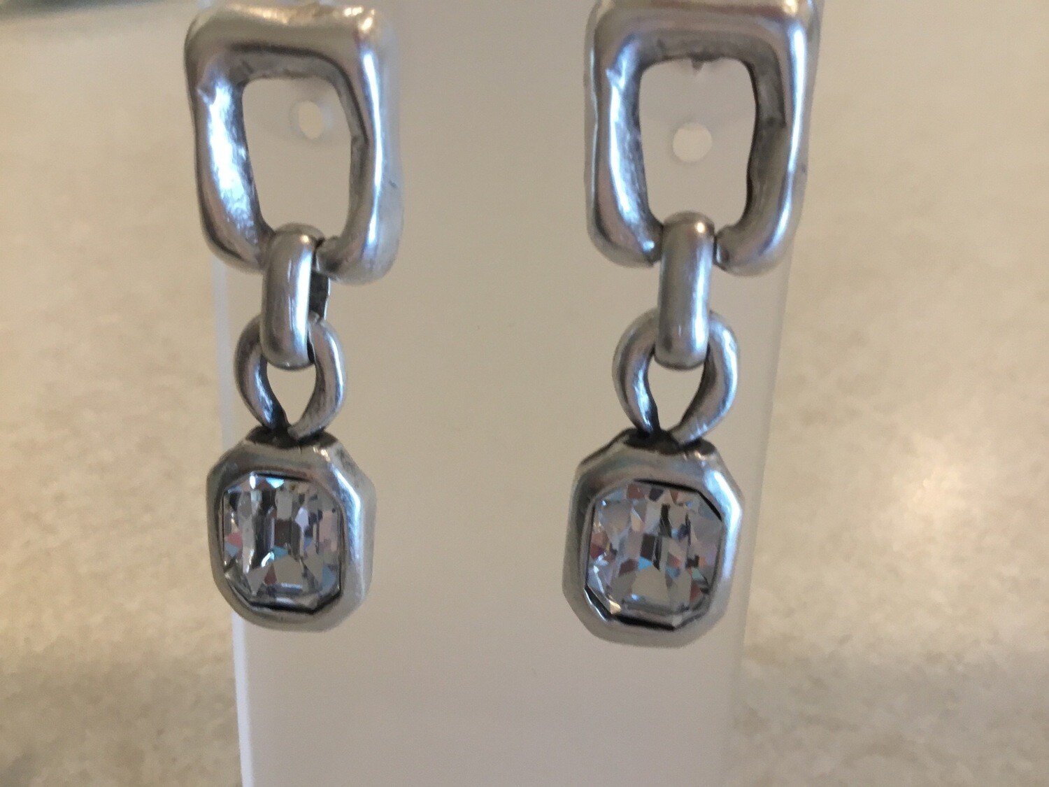 Handmade Pewter Earrings With Beautiful Clear Small Rectangular Crystals