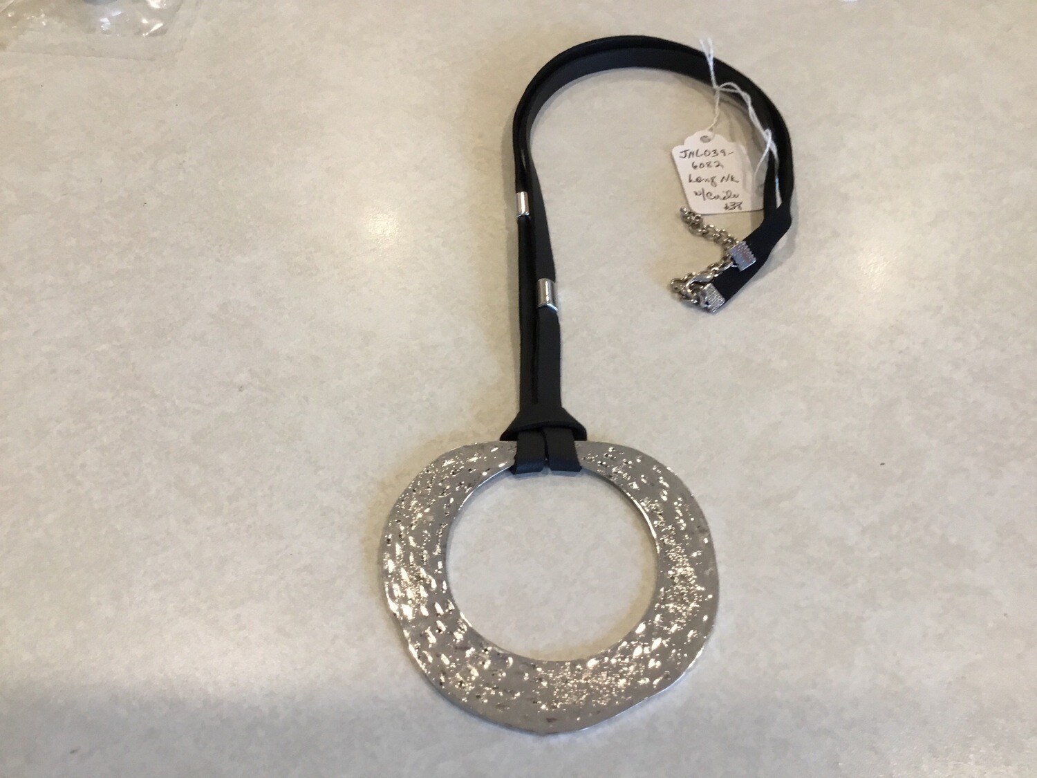 Long Black Leather Necklace With Hammered Silver Circle