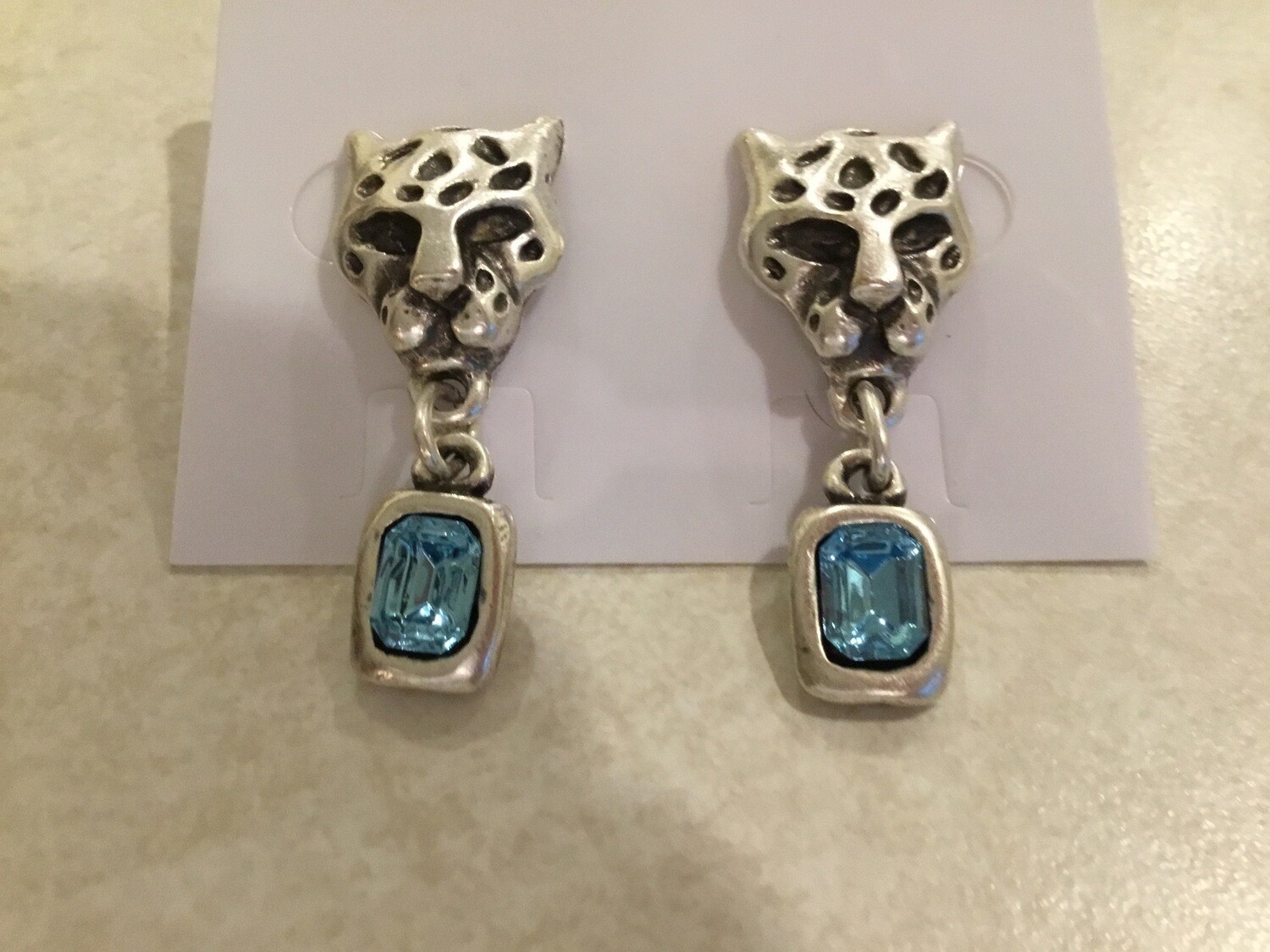 Handmade Pewter Earrings With Cheetah And Blue Crystals