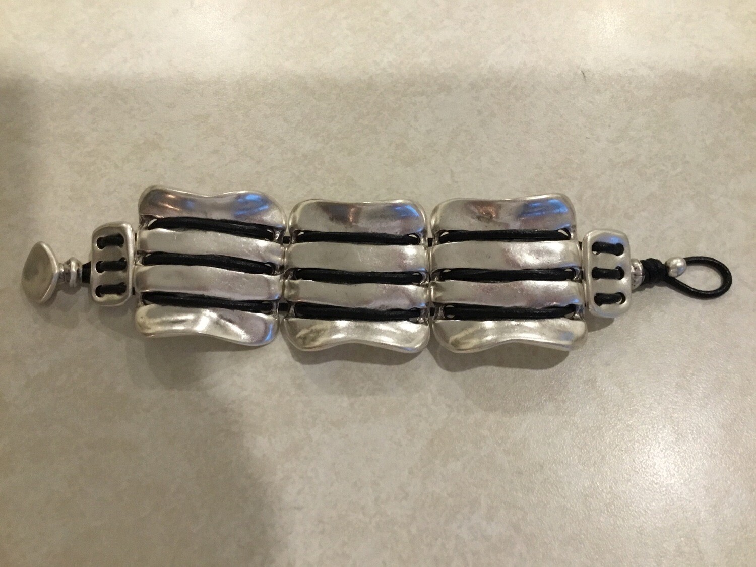 Handmade Pewter Wide Bracelet With Black Leather
