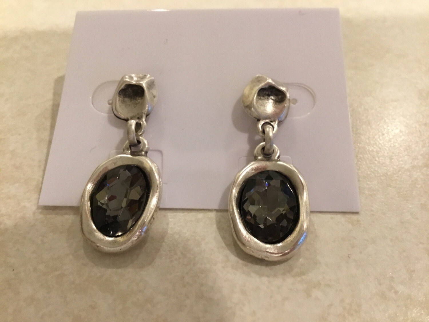 Handmade Pewter Oval Earrings With Dark Crystal