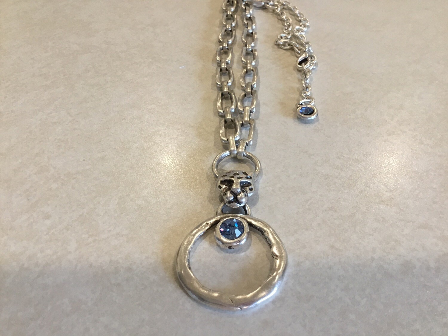 Handmade Long Necklace With Cheetah And Blue Crystals