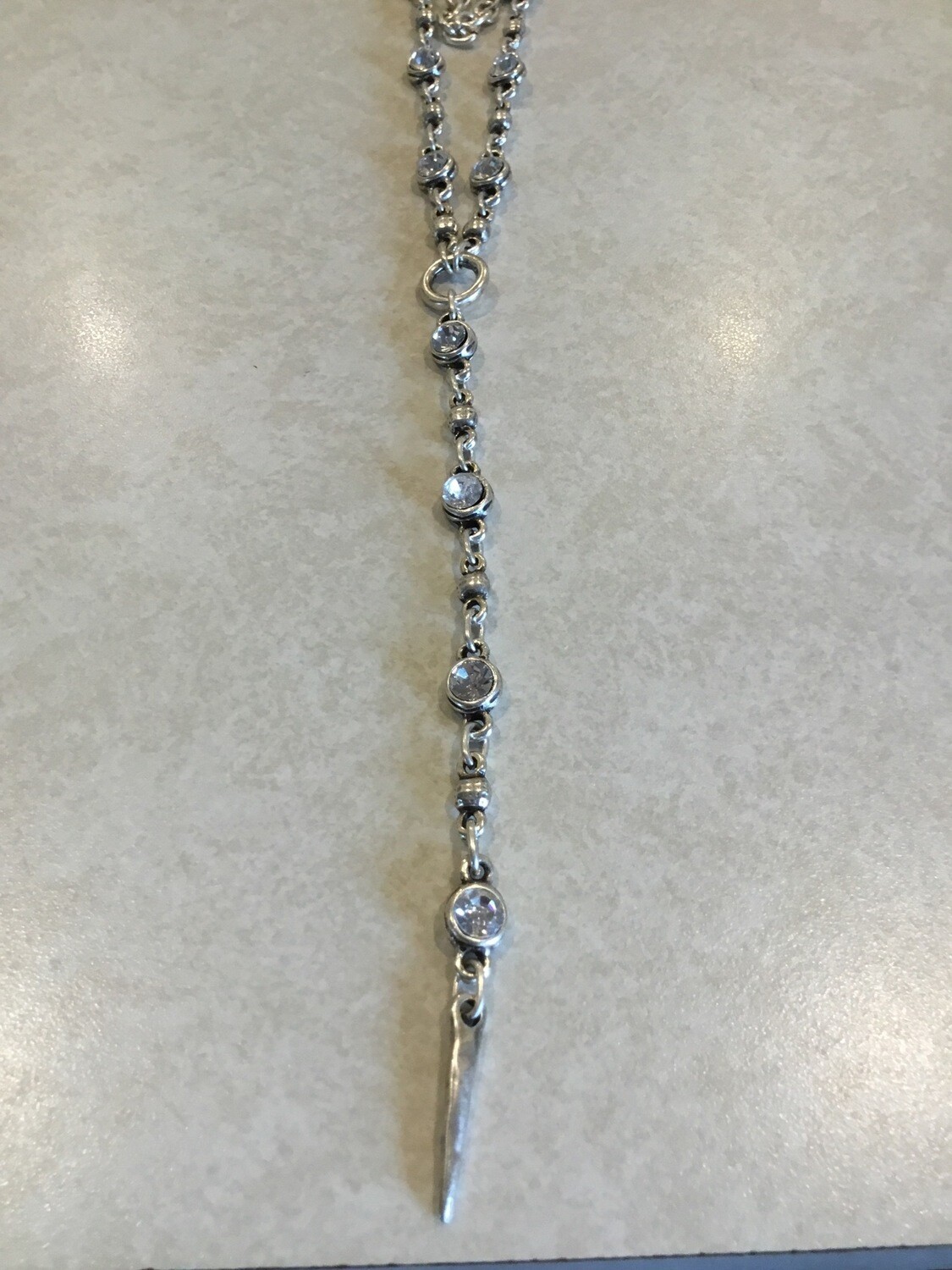 Handmade Pewter Long Necklace With Small Clear Crystals And Crystal Drop