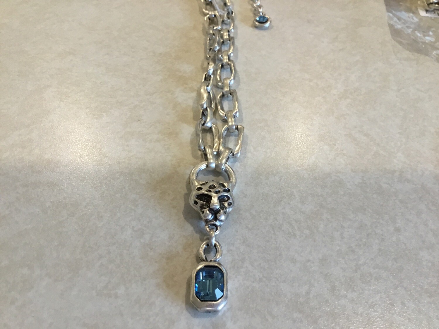 Handmade Pewter Medium Length Necklace With Cheetah And Blue Crystals