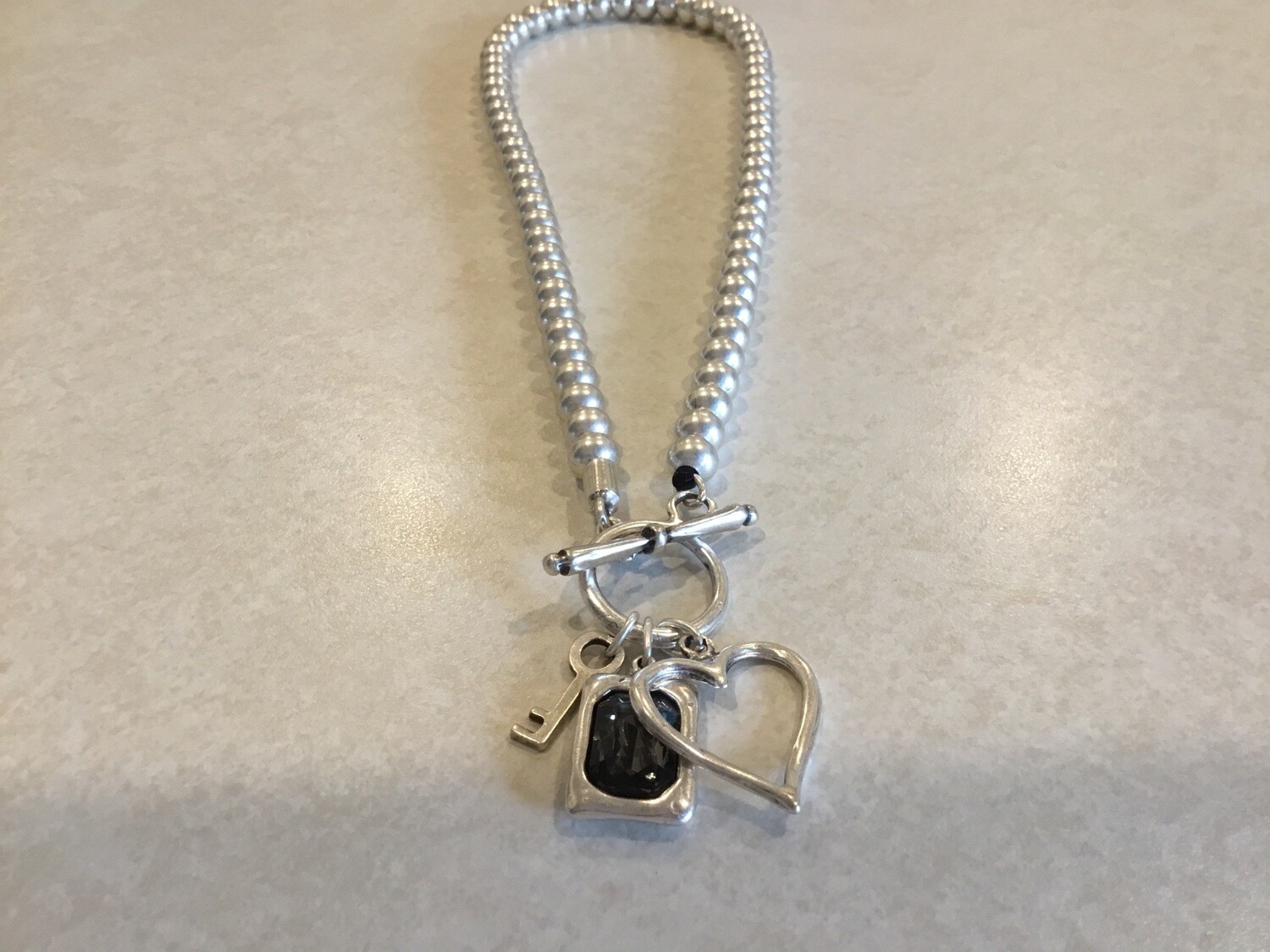 Handmade Short Pewter Necklace With Dark Crystal,Key And Heart