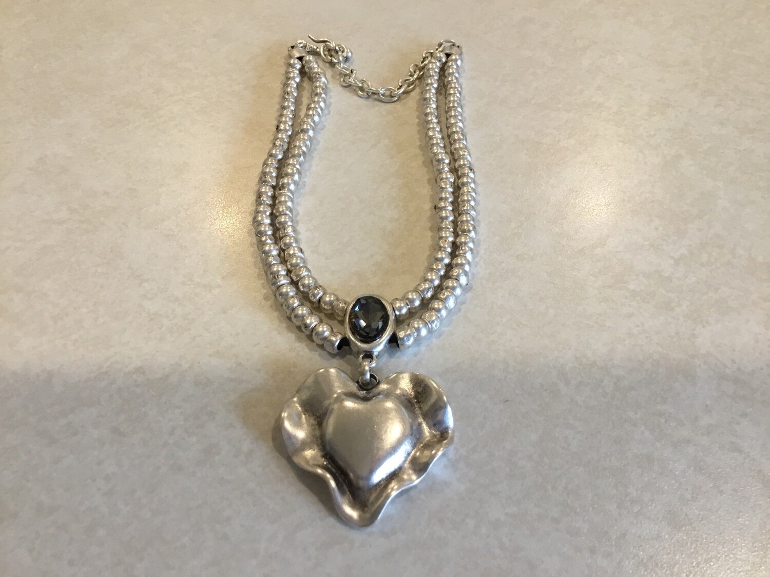 Handmade Pewter Necklace With Beautiful Heart And Dark Crystal (ONE ONLY)