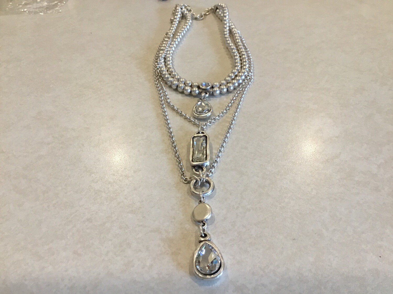 Handmade Pewter Layered Necklace With Three Drop Crystals