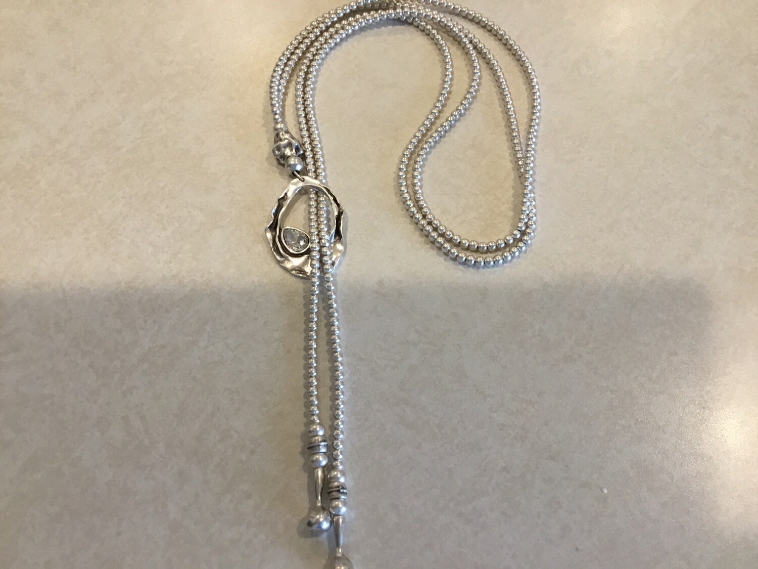 Long Elegant Double Strand Of Handmade Pewter Beaded Lariat With Clear Crystal