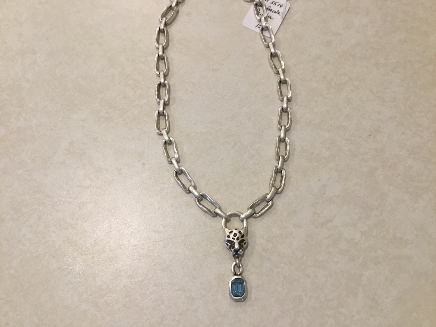 Short Handmade Pewter Necklace With Cheetah And Beautiful Blue Crystal