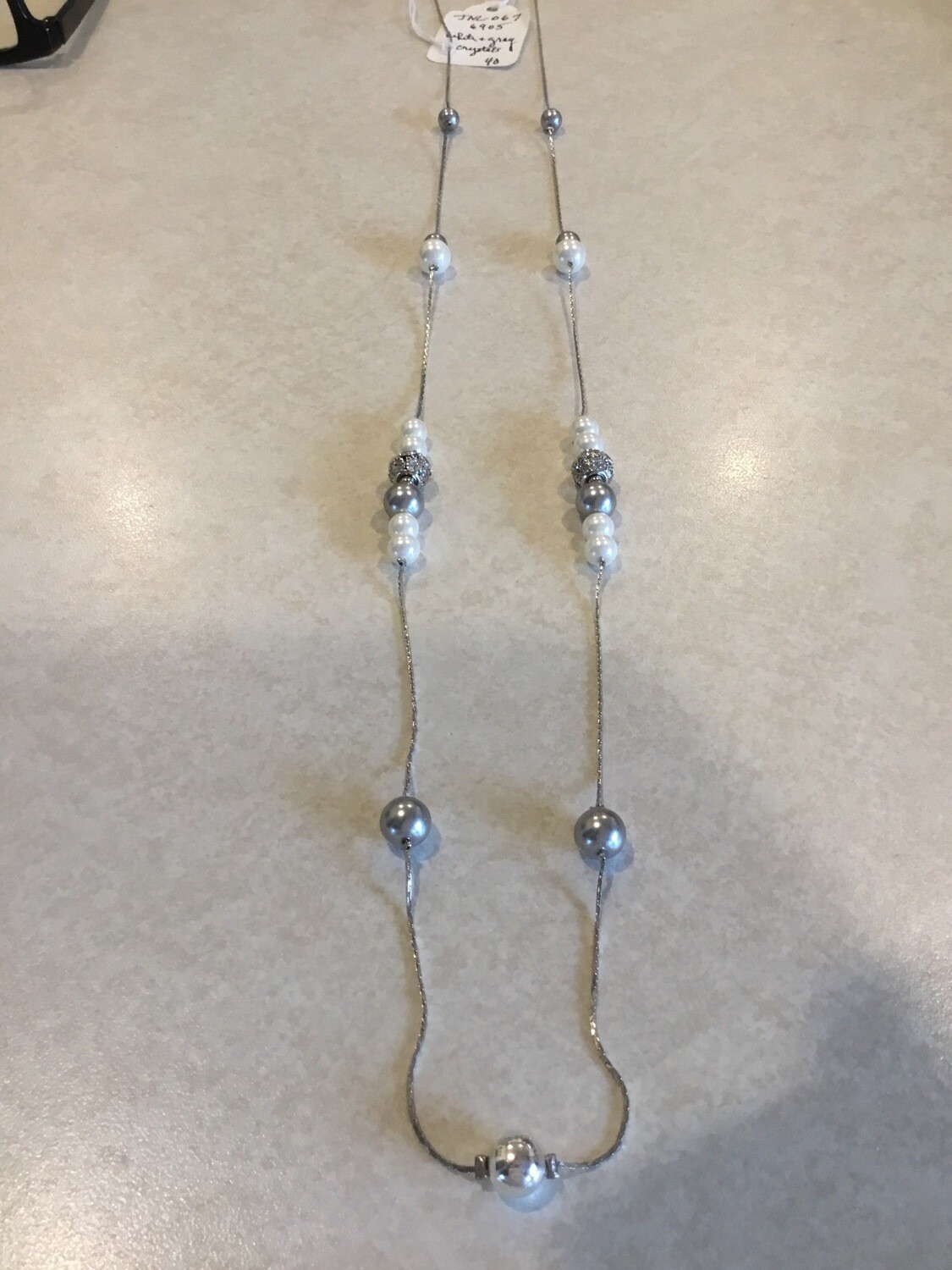 Long Silver Necklace With White, Gray Pearls And Silver Beads