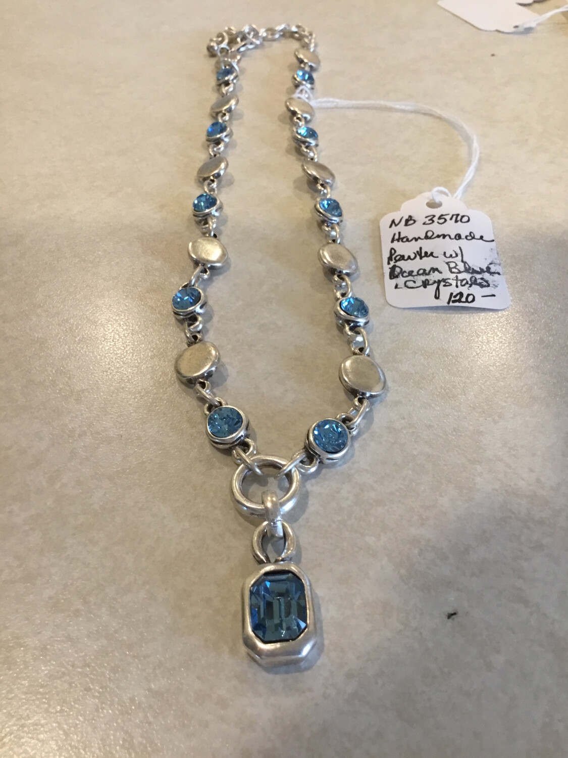 Handmade Pewter Double Necklace With Ocean Blue Crystals