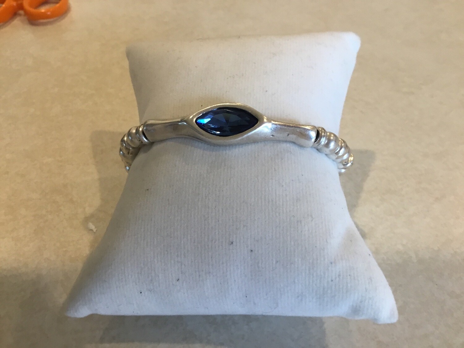 Handmade Pewter Stretch Bracelet With Dark Ocean Blue Crystal