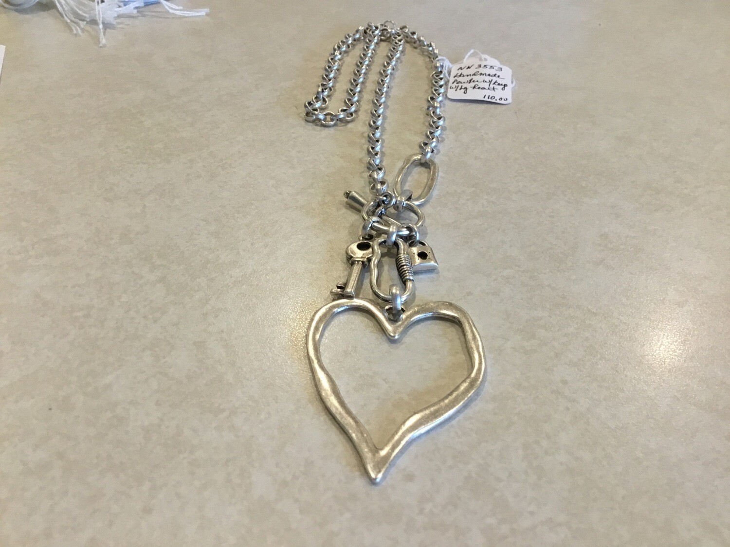 Handmade Long Pewter Necklace With Large Heart And Keys