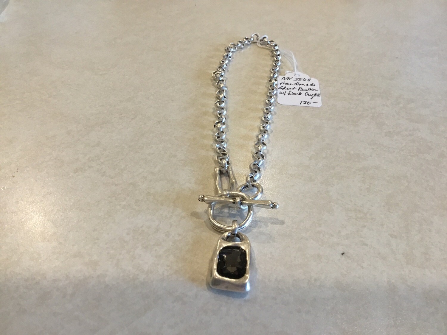 Handmade Pewter Short Necklace With Dark Crystal