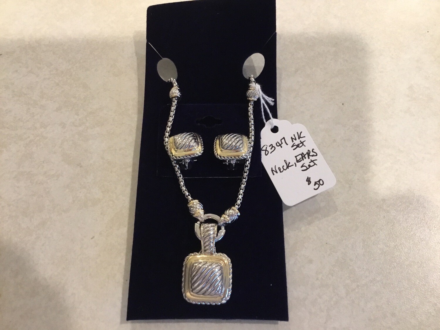 2-Tone Necklace And Earring Set With Square Pendant 17 In + 2