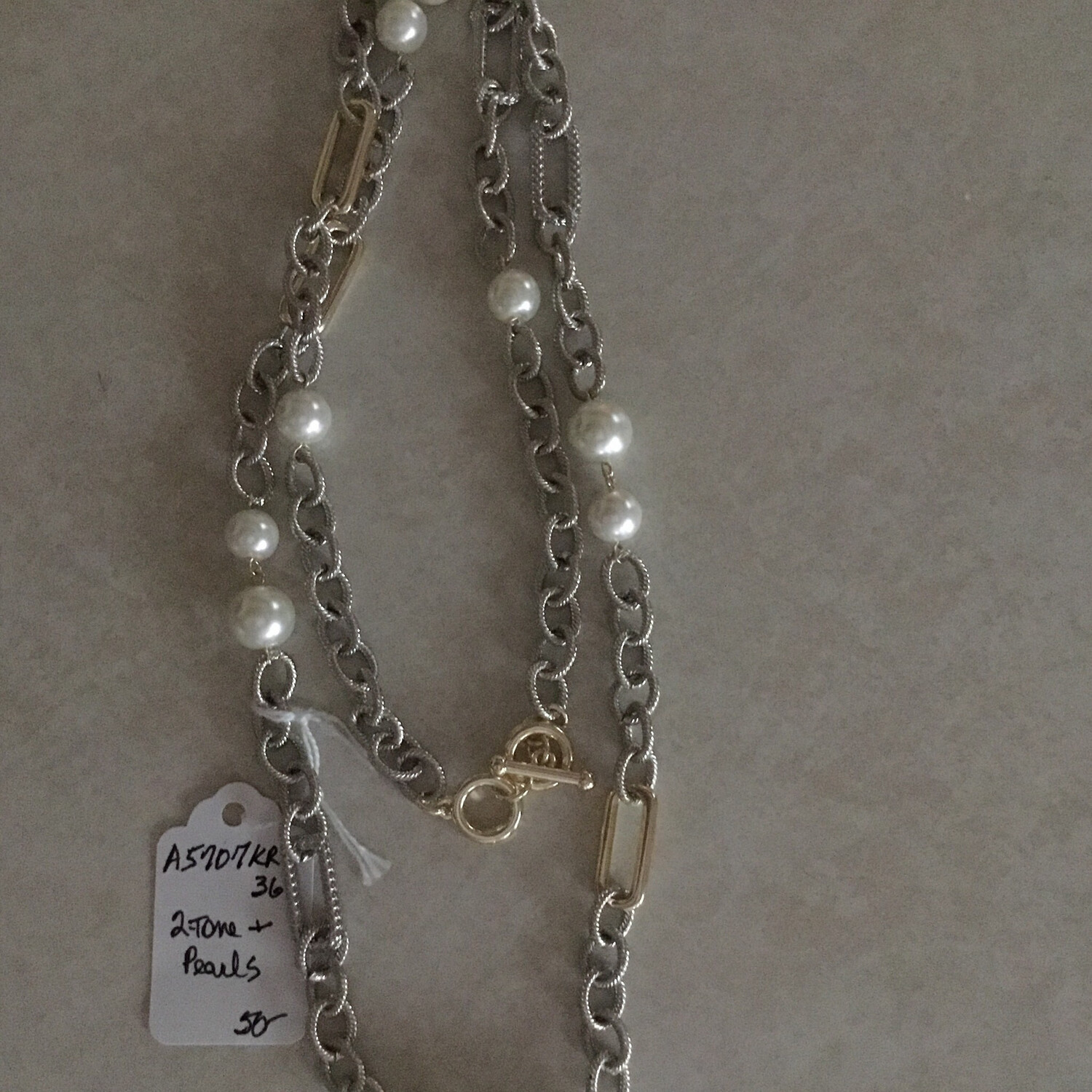 Gold And Silver Necklace With Link Pearls 36 Inch