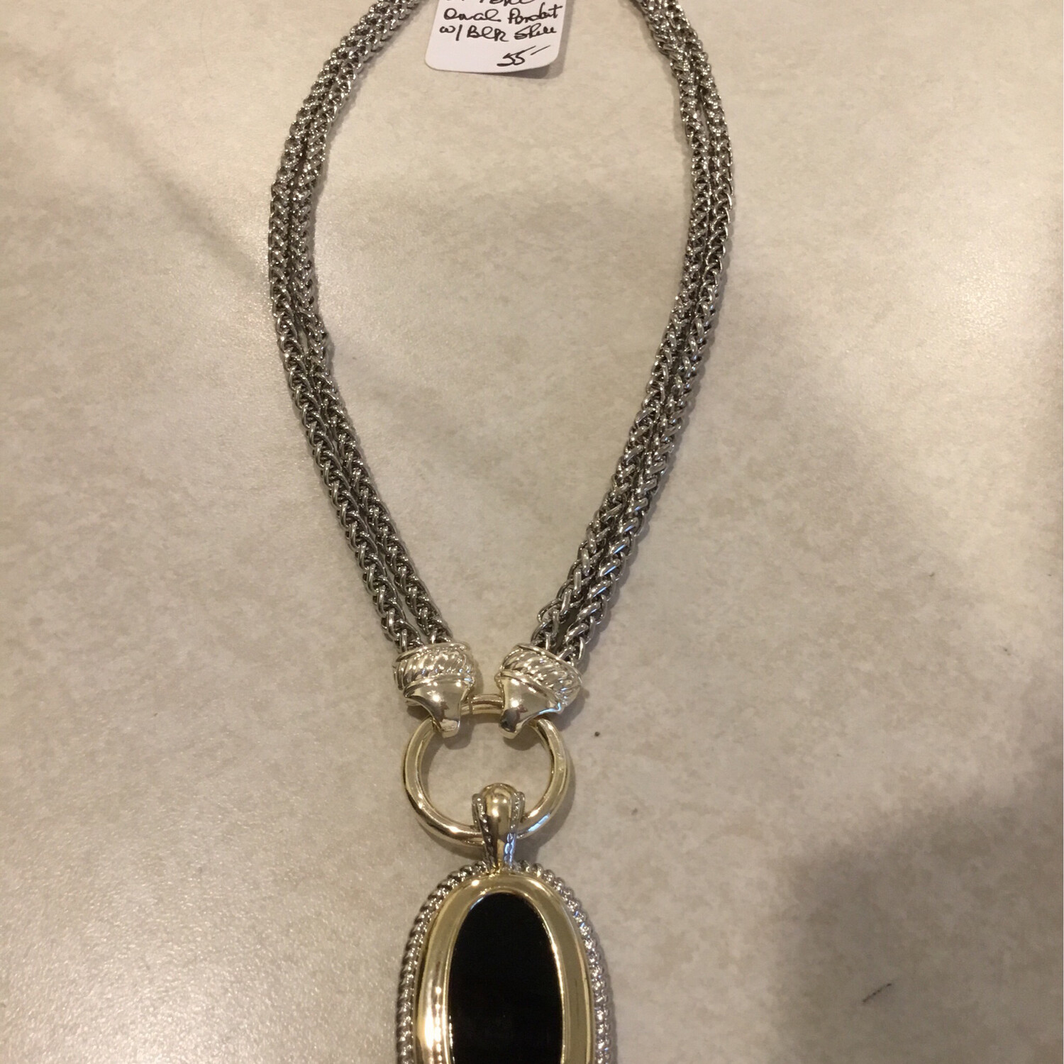 Gold And Silver Necklace With Black Onyx Pendant