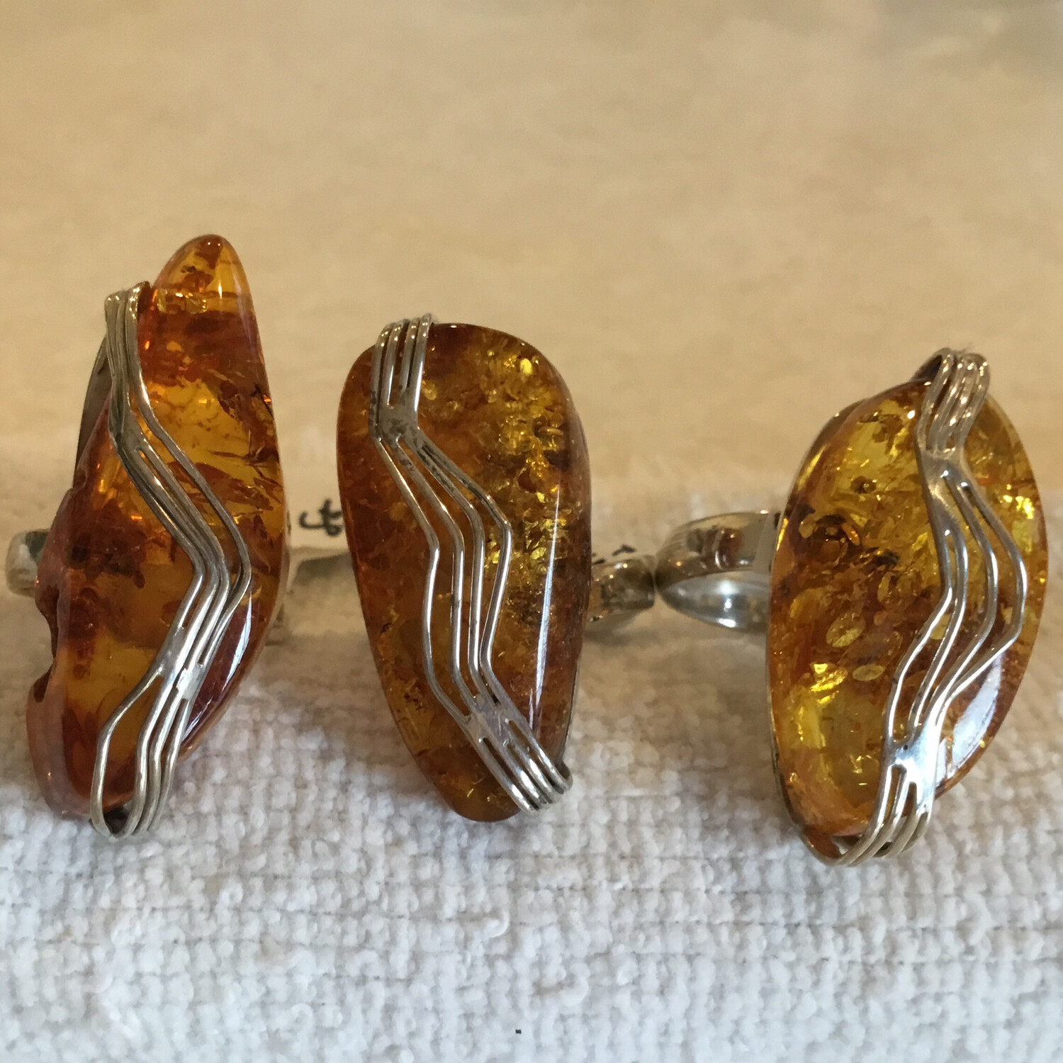 Sterling Silver Adjustable Ring With Large Amber