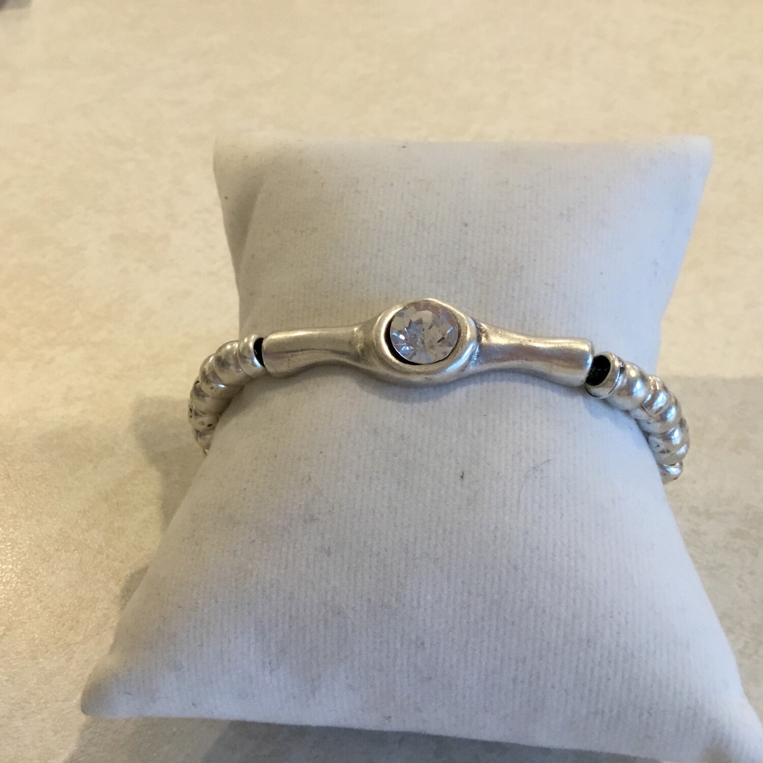 Handmade Pewter Stretchy Bracelet With Clear Crystal