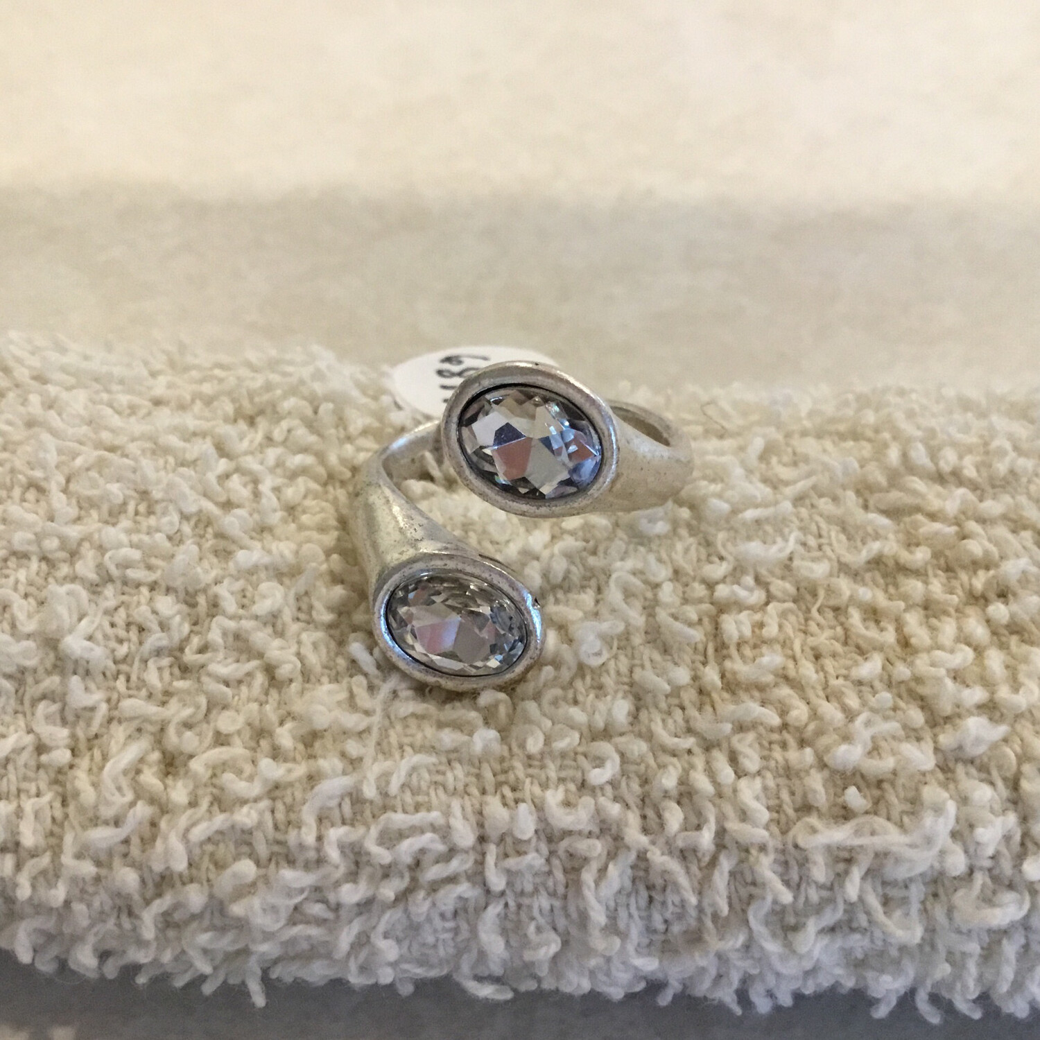 Handmade Pewter Crossover Adjustable Ring With Clear Crystal
