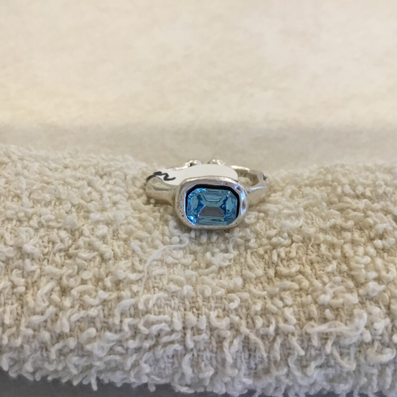 Handmade Pewter Adjustable Ring With Blue Crystal