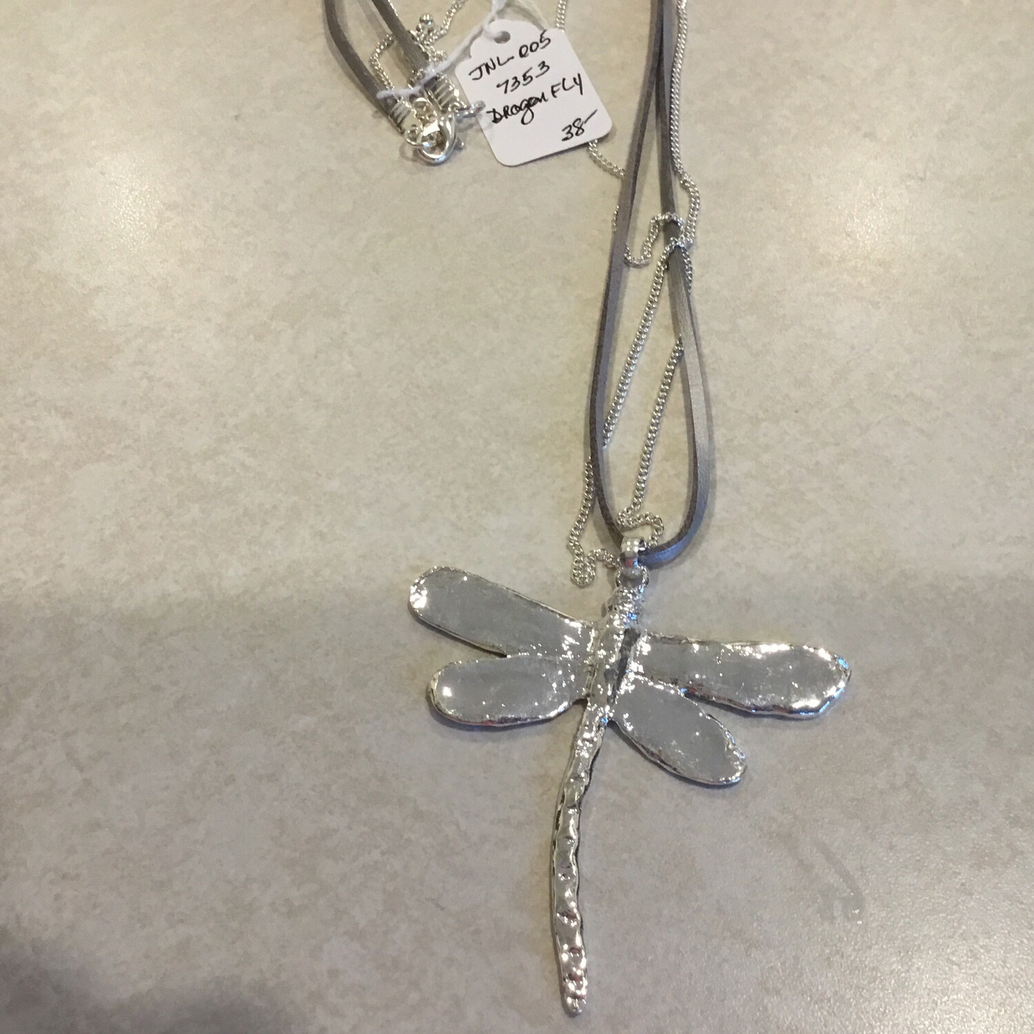 Long Grey And Silver Necklace With Dragonfly