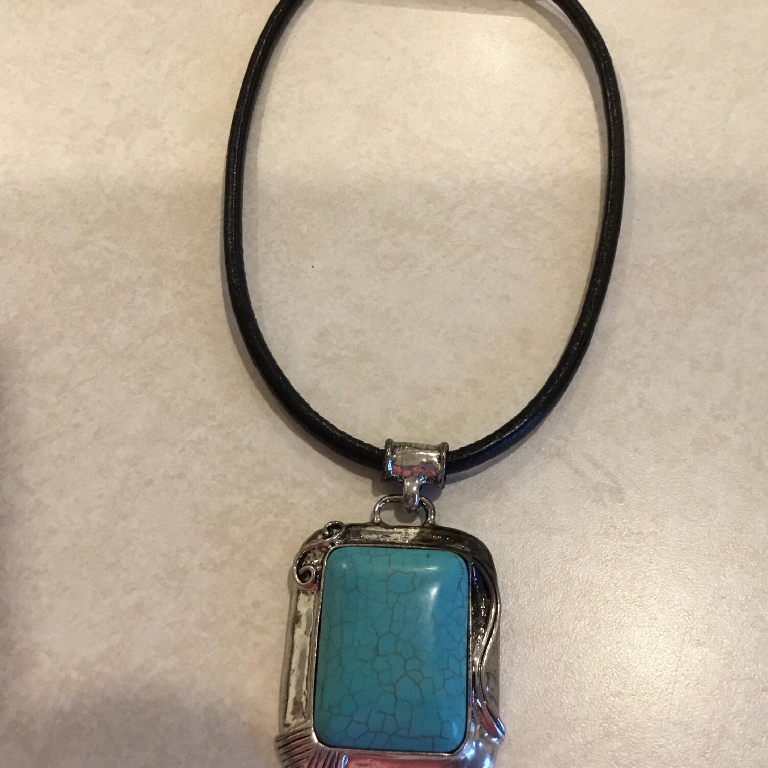 Black Leather Short Necklace With Turquoise Pendant