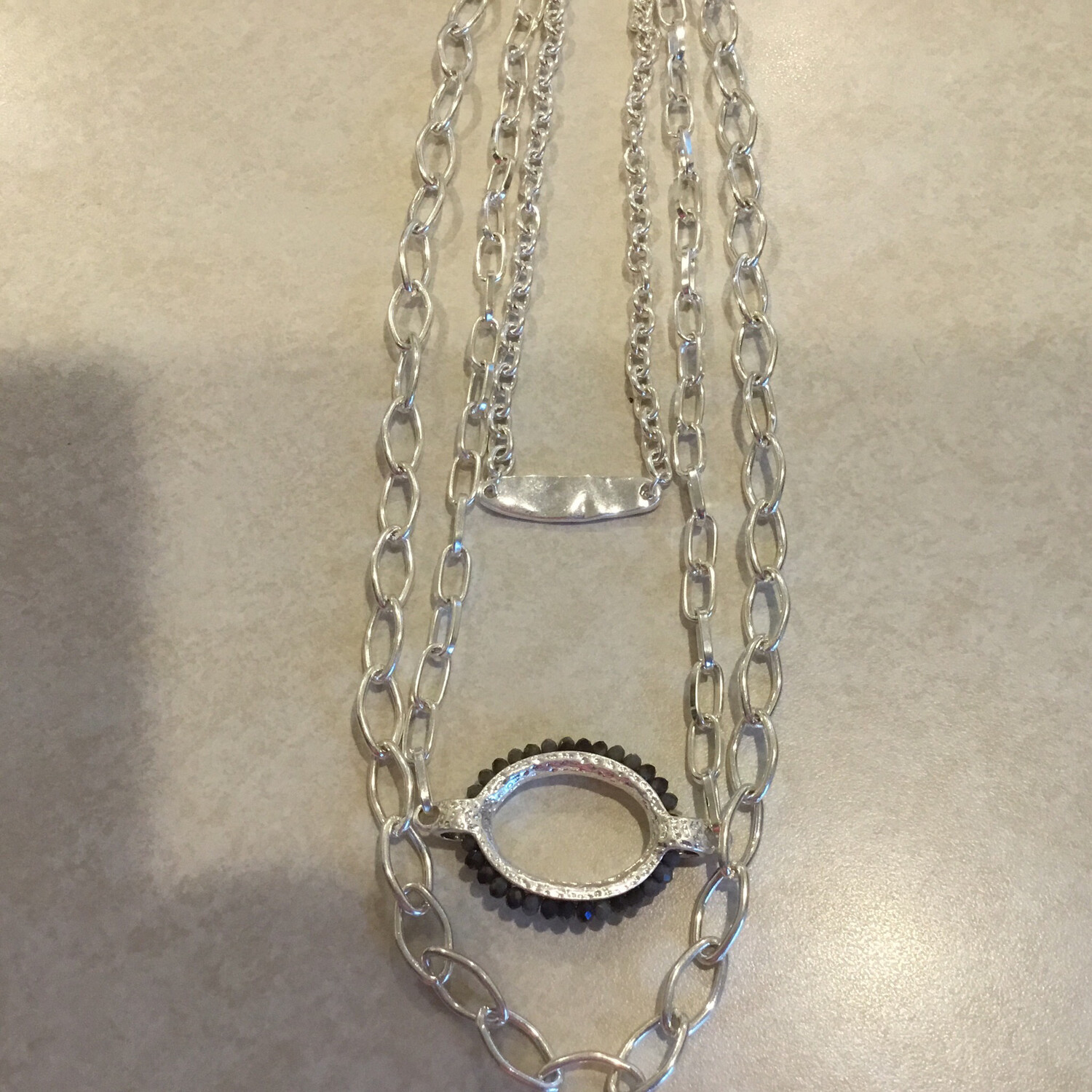 Three Layer Silver Necklace And Grey Stone Beads
