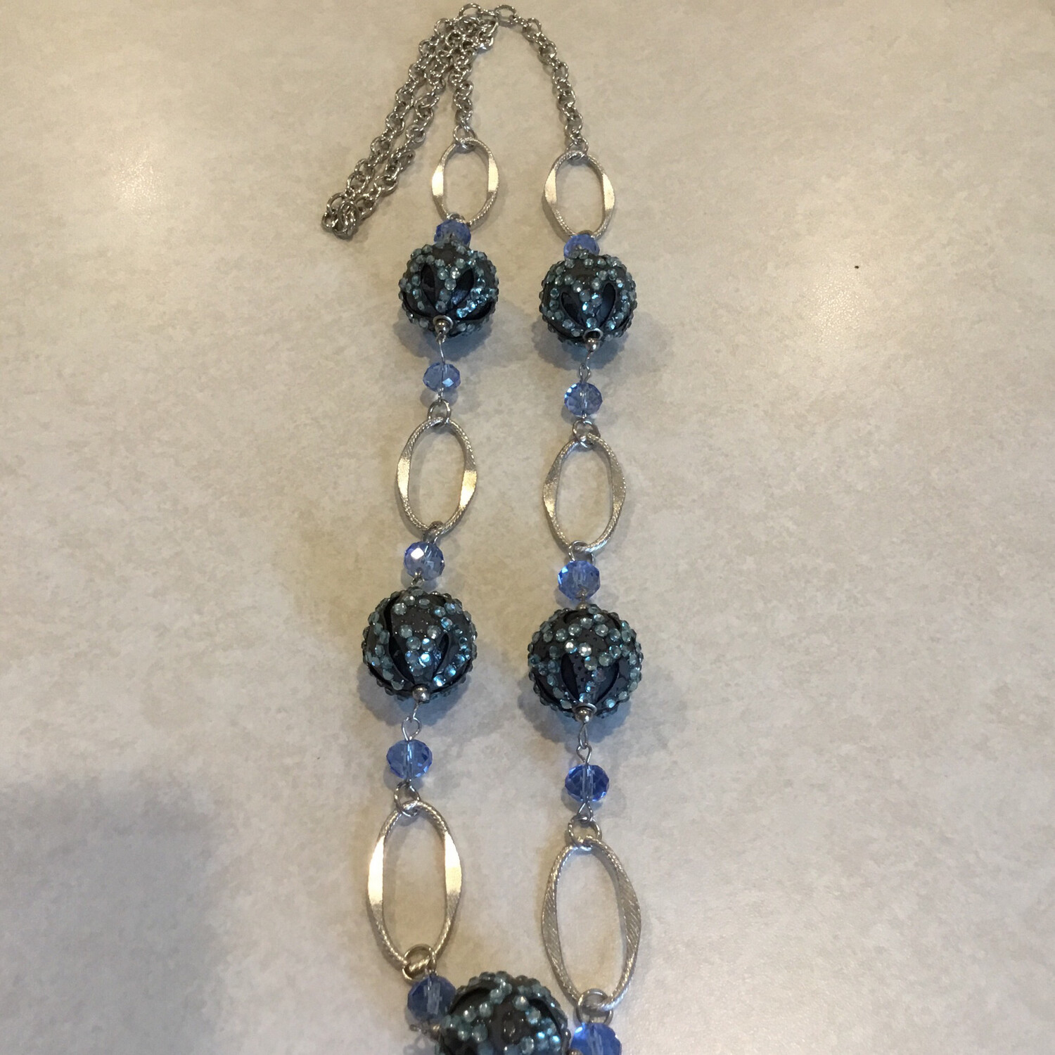 Silver Necklace With Aqua Beads With Aqua Crystals