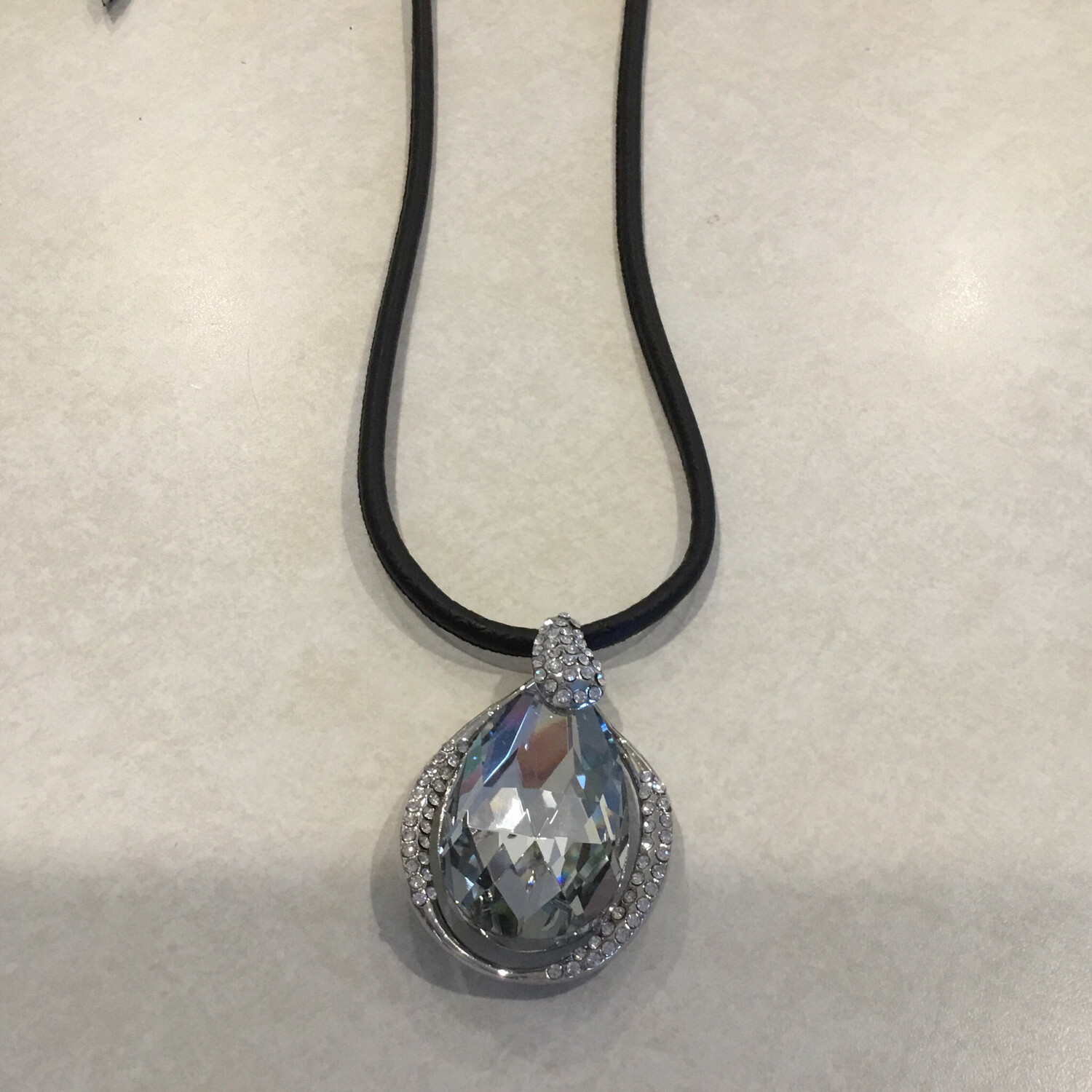 Black Leather With Large Diamond Shape Pendant And Small Crystals All Around