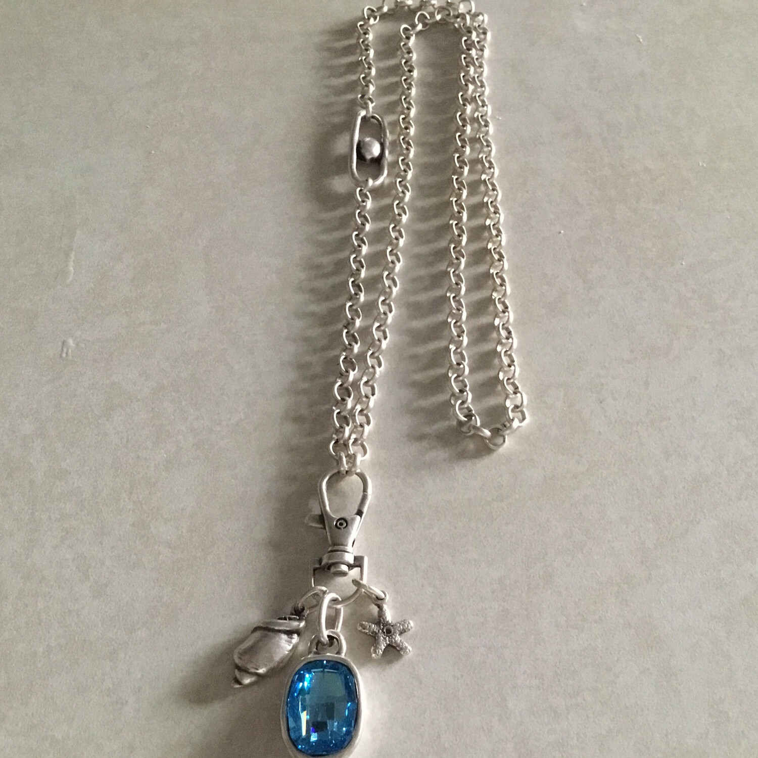 Long Handmade Pewter Necklace With Beautiful Blue Stone And Sea Creatures