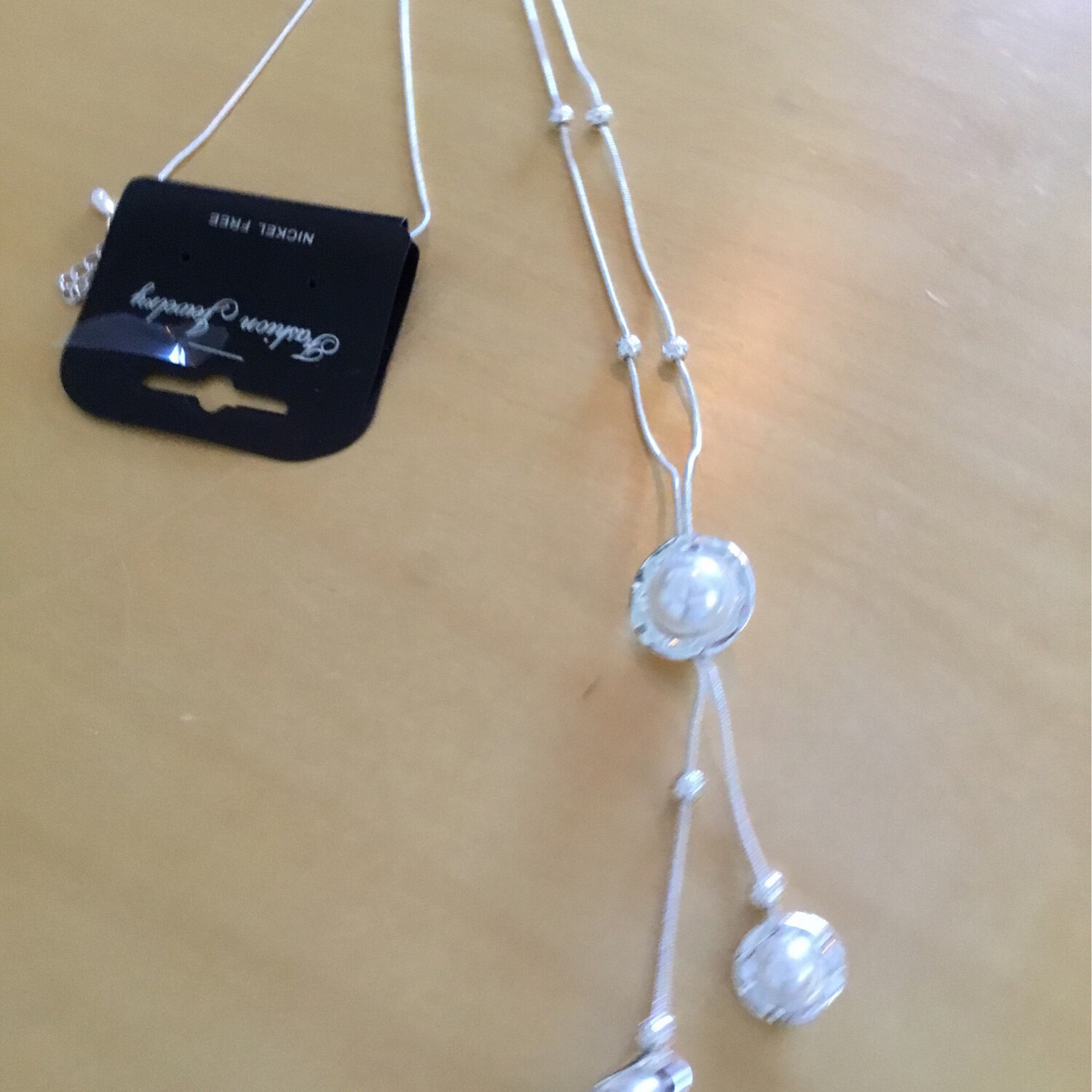 Long Silver Necklace With Three Pearl Pendant
