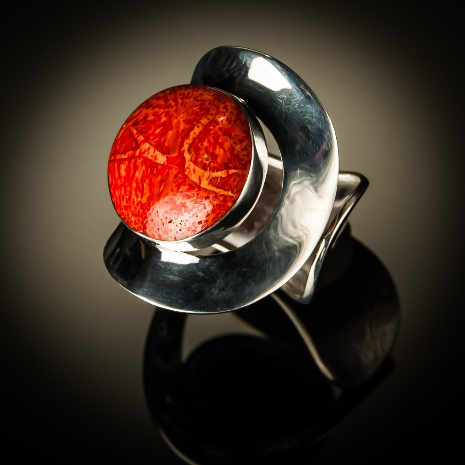 Curved Red Coral Sterling Silver Ring