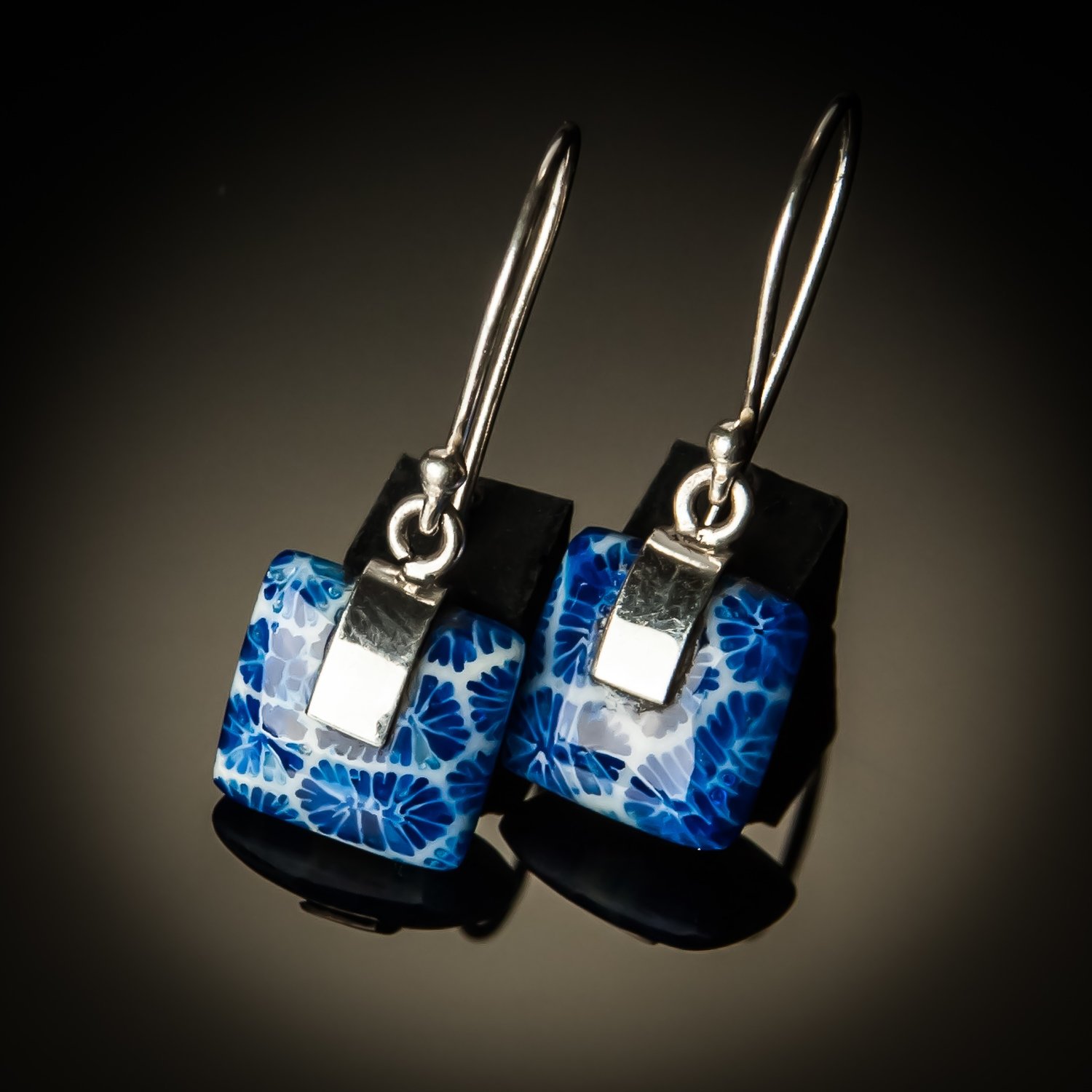 Blue Coral Square Sterling Silver Earrings- Small