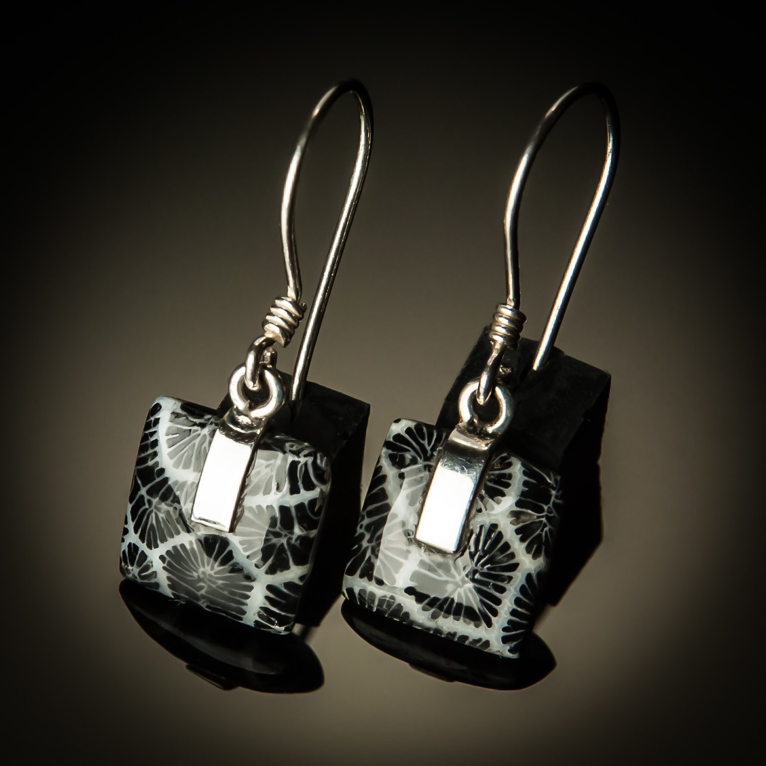 Black Coral Square Sterling Silver Earrings