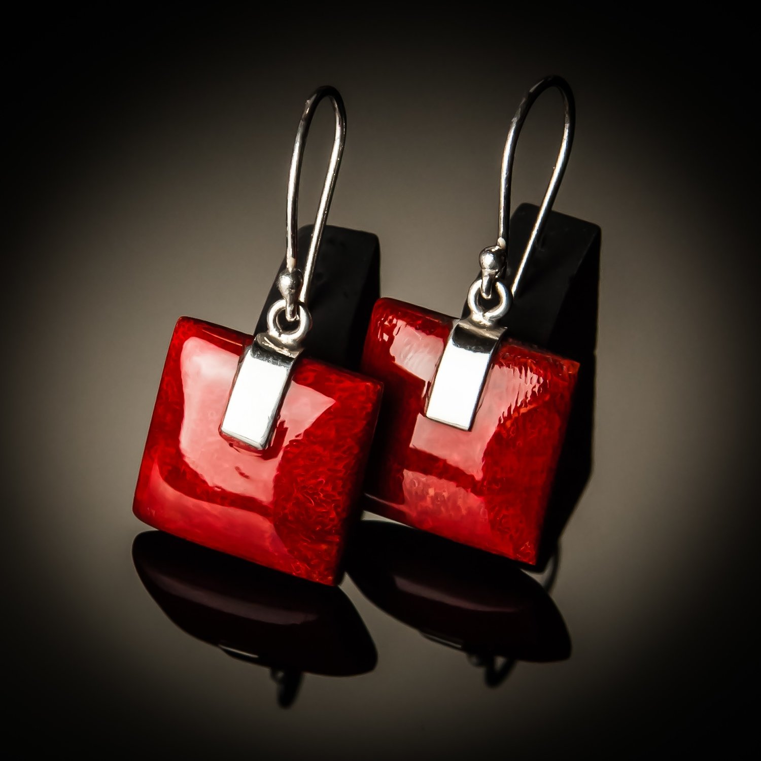 Red Coral Square Sterling Silver Earrings- Large