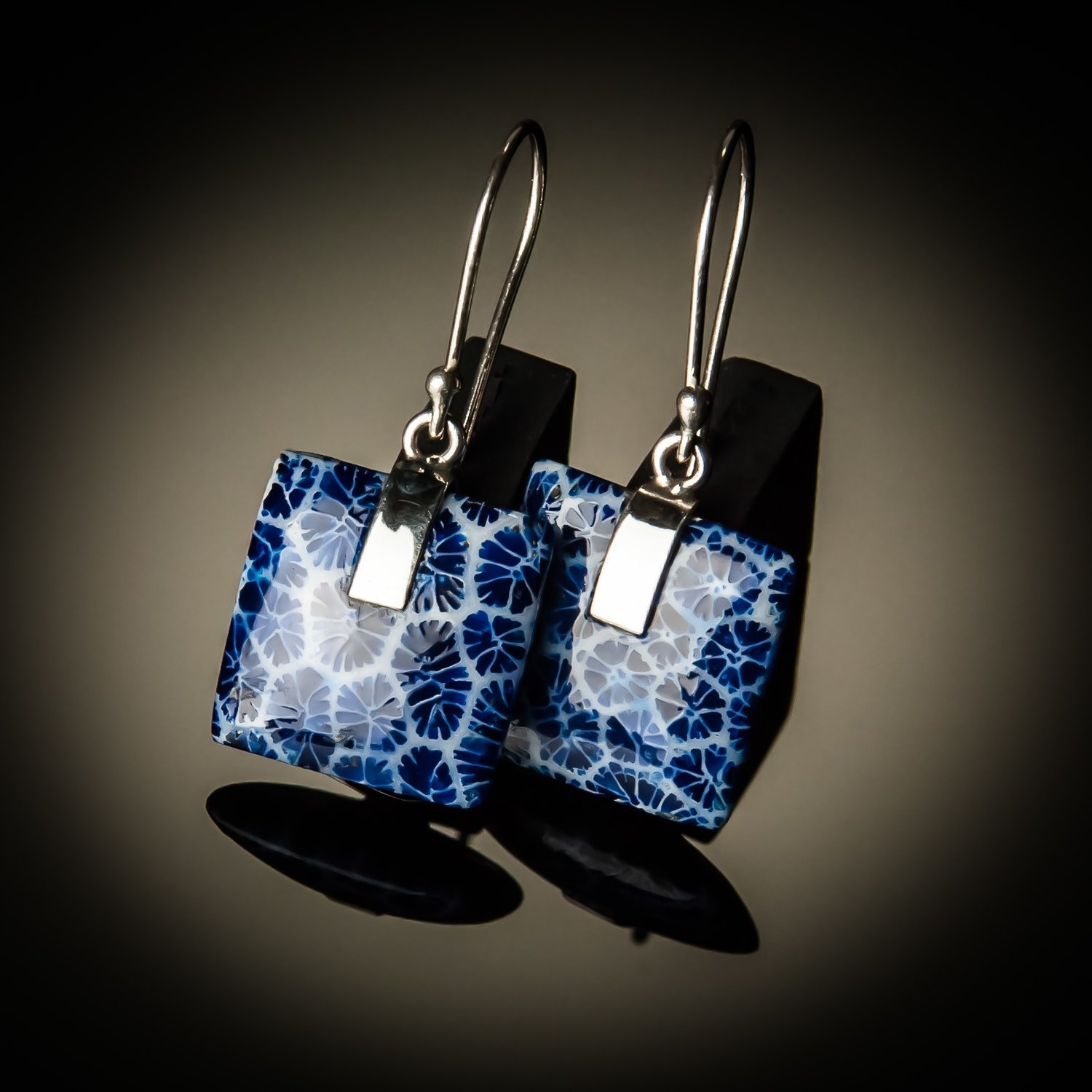 Blue Coral Square Sterling Silver Earrings- Large