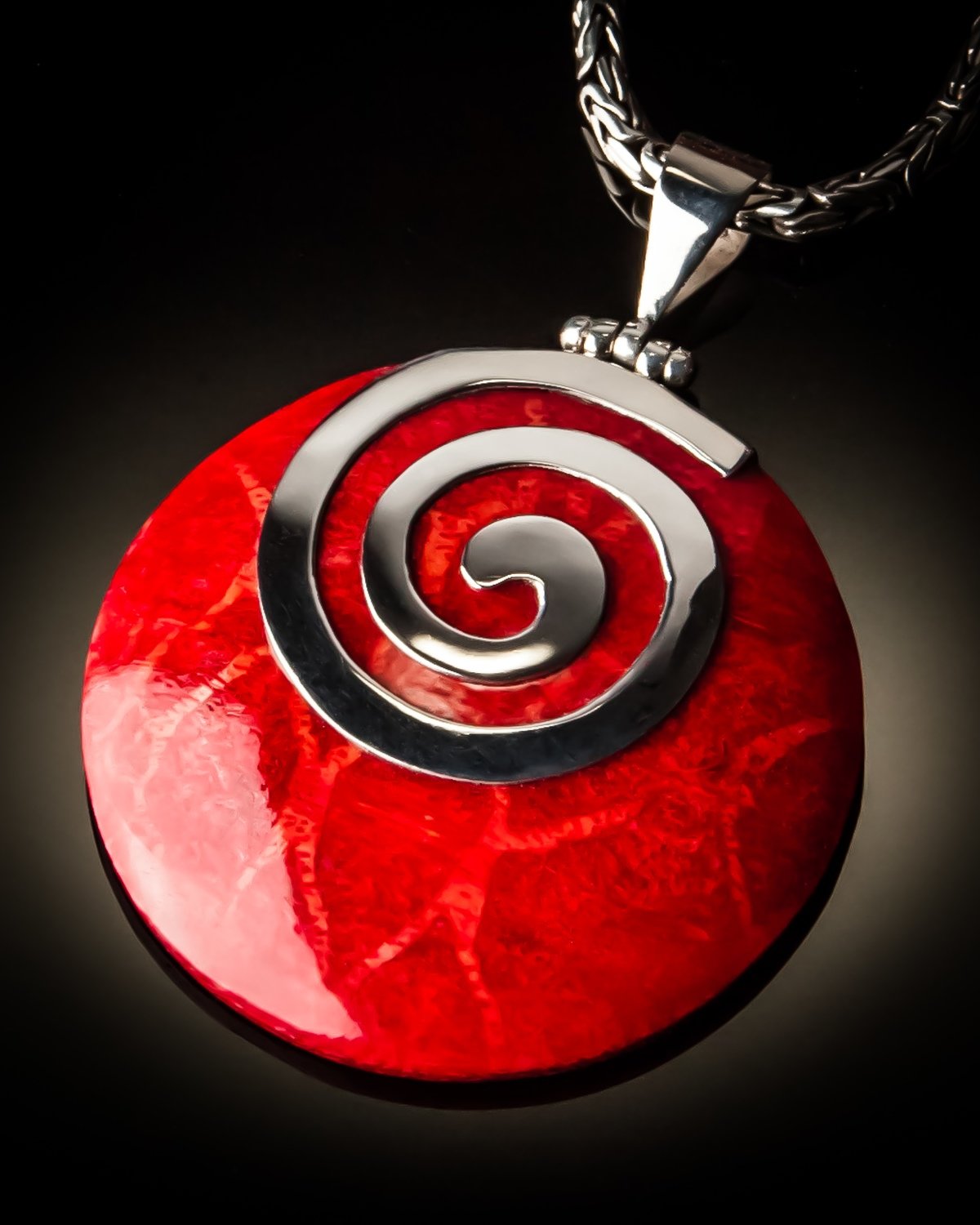 Red Coral Round Spiral Sterling Silver Pendant