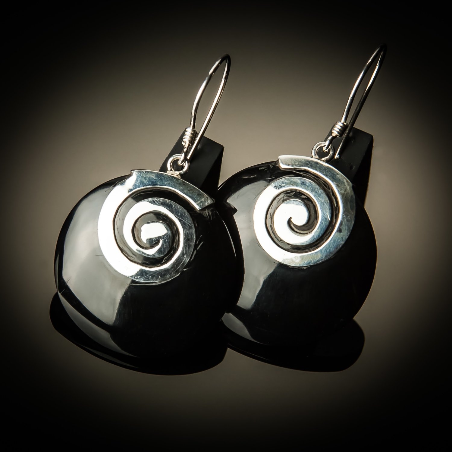 Black Shell Sterling Silver Swirl Earrings