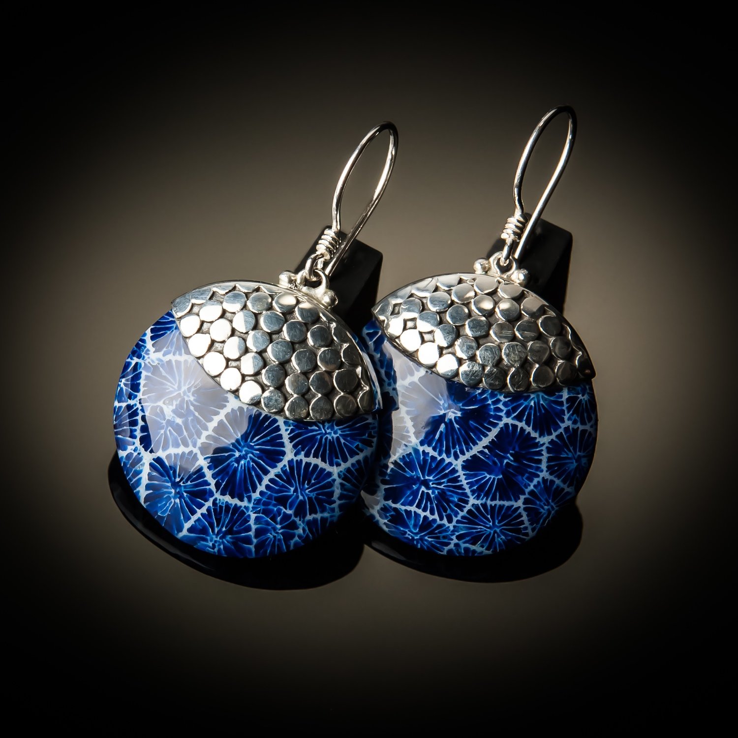 Blue Coral Round Sterling Silver Earrings