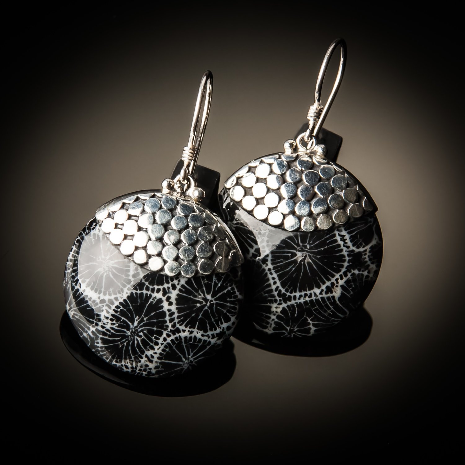 Black Coral Round Sterling Silver Earrings
