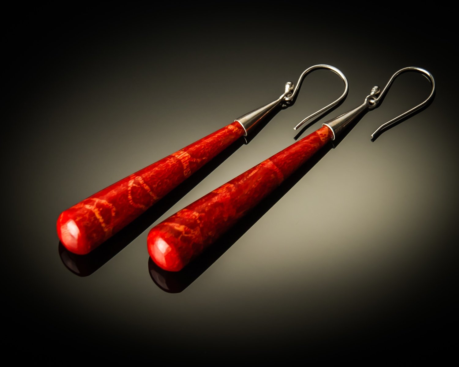 Red Coral Cone Sterling Silver Earrings- Large
