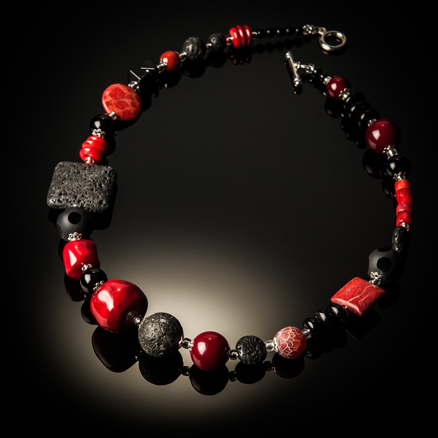 Red Coral Black Lava Necklace