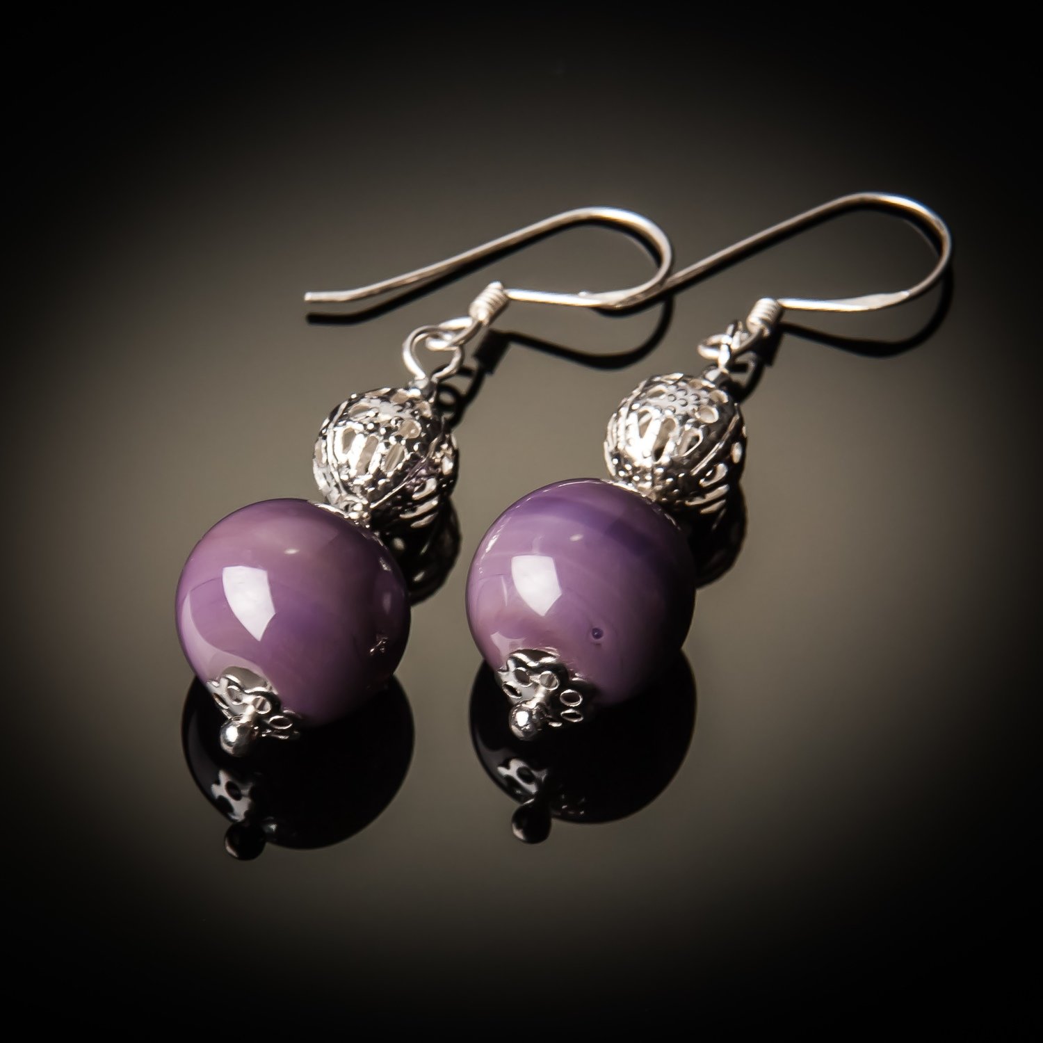 Purple Glass Bead Sterling Silver Earrings